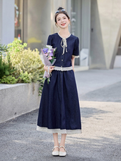 蓝色花边牛仔套装裙女2025夏季新款独特漂亮气质蕾丝半身裙两件套，女装套装/套裙，尚洛菲