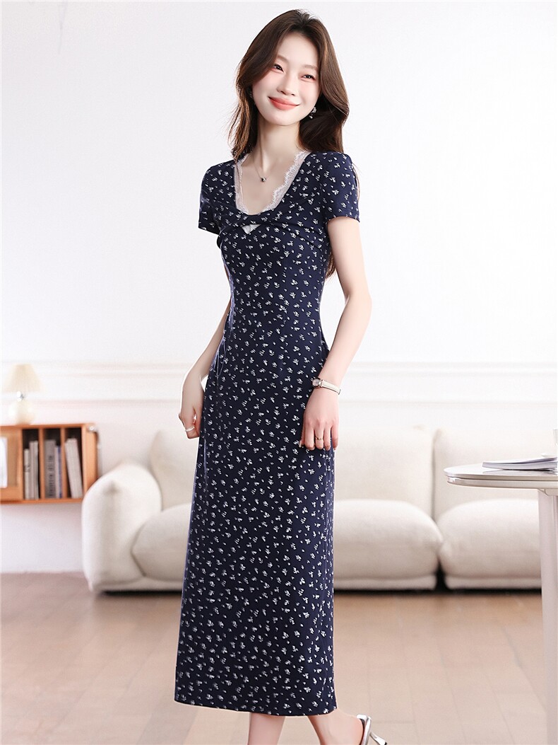v领碎花连衣裙女2026年夏季新款蕾丝花边收腰法式短袖长裙,女装连衣裙,艾米