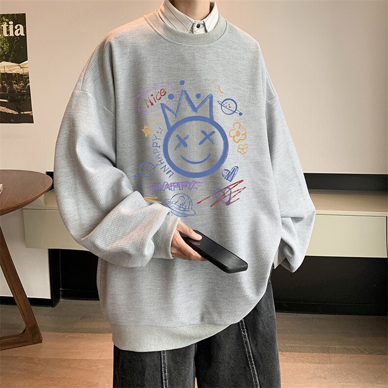 华夫格卫衣圆领卫衣男大码长袖t恤男外套HW76180-P30加绒款-P40,男装卫衣,电商A040