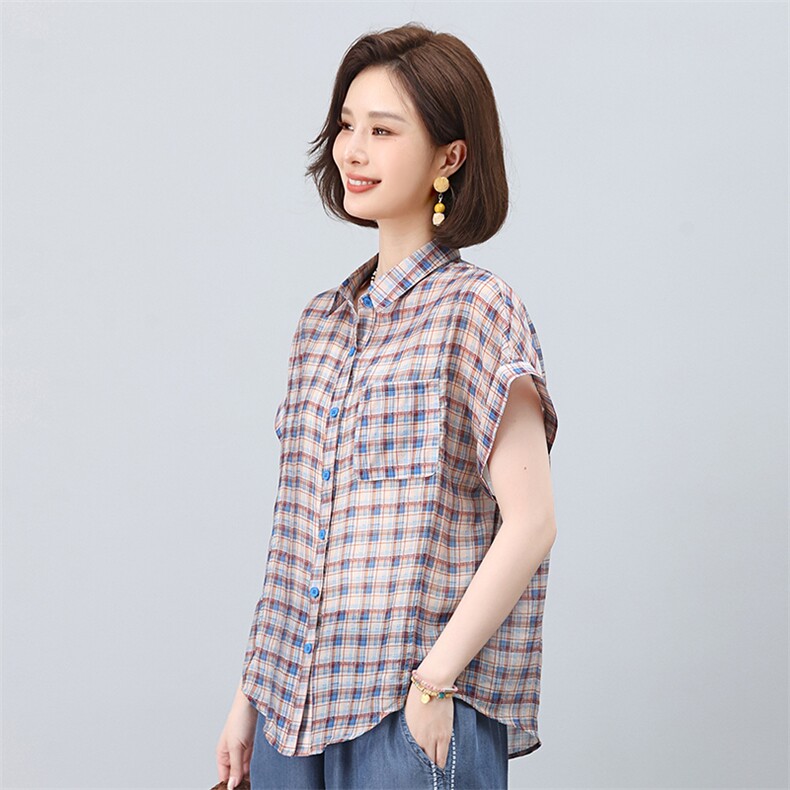 叶笙衣2551小翻领格子衬衫,女装衬衫,叶笙衣