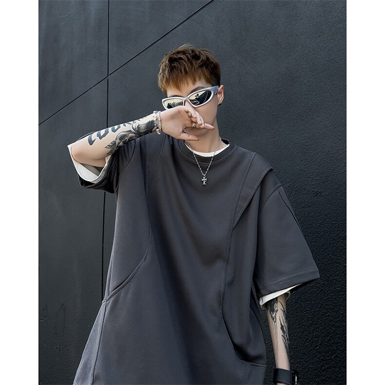 美式复古cleanfit口袋解构boxy宽版型重磅短袖T袖男上衣ins半袖潮,男装T恤,四季星座505