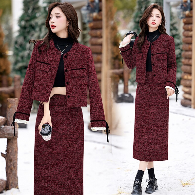 小香风白鸭绒外套羽绒服粗花呢上衣半身裙子订婚两件套装秋冬装女，女装套装/套裙，衣之秀