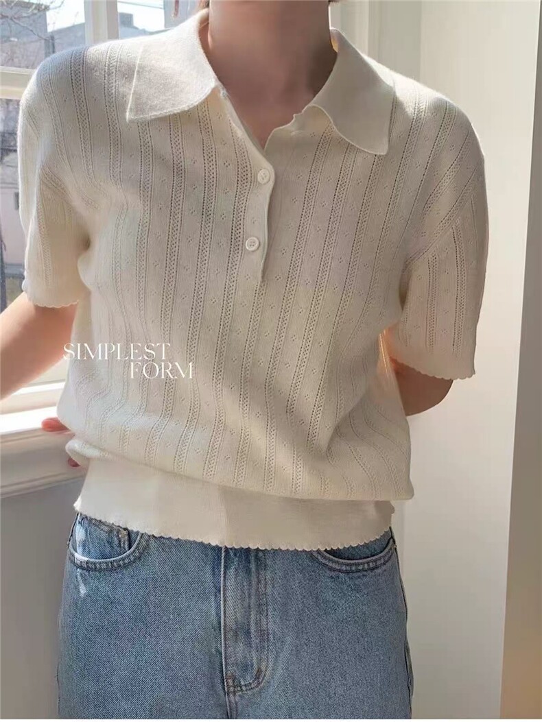 法式polo衫镂空短袖冰丝针织衫女薄款夏季坑别致独特肌理感上衣,女装T恤,百纯羊绒