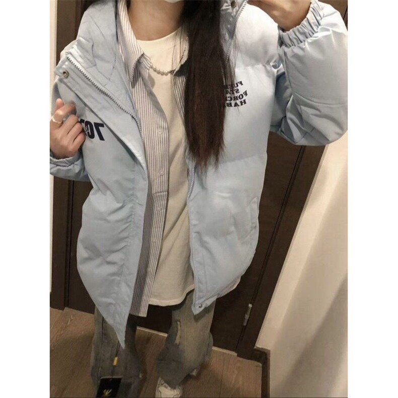韩版设计感字母印花蓝色潮牌棉服女冬季新款百搭立领宽松棉衣外套,男装夹克,星座506A