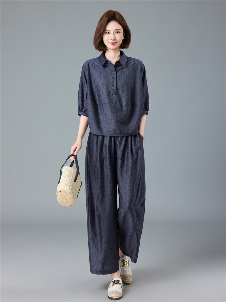 现货2026夏季新款宽松大码洋气减龄莱赛尔提花衬衫套装两件套,女装套装/套裙,深水步