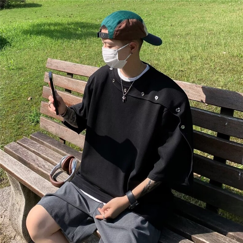 夏季高级感垫肩短袖T恤男解构拼接纽扣设计感韩版简约上衣潮,男装T恤,星座716-4