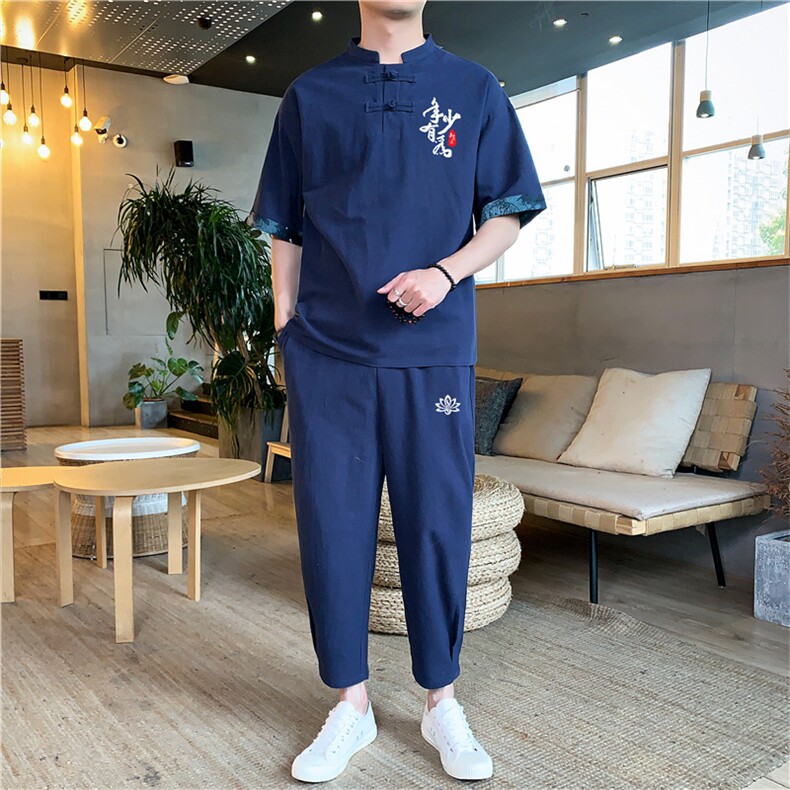 2021夏季风亚麻套装男士棉麻印花短袖大码九分裤套装P70,男装休闲套装,星座217-4