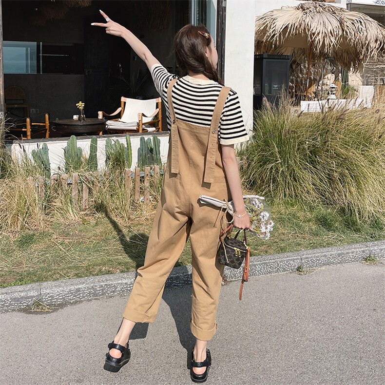 卡其色直筒工装背带裤女2023夏季新款韩版小个子高腰垂感阔腿裤子,女装连体裤,浪娴服饰