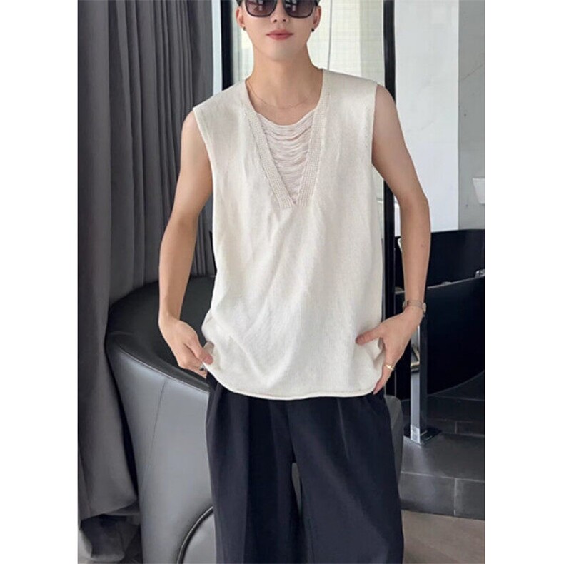 街头风小众设计感v领针织背心男休闲宽松简约纯色无袖上衣Z99，男装背心/马甲，星座1116A-2（原606A-1）