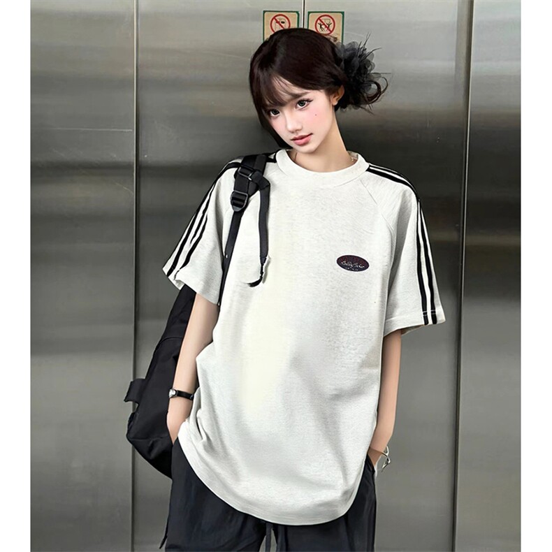 抖音得物高品质二开240克宽松纯棉美式潮牌三条杠织带短袖T恤，男装T恤，电商A486-1