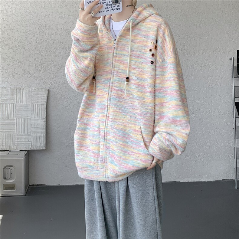 渐变彩虹连帽针织开衫卫衣大码软糯慵懒毛衣外套LS201-特P52-控98,男装针织衫/毛衣,电商B215