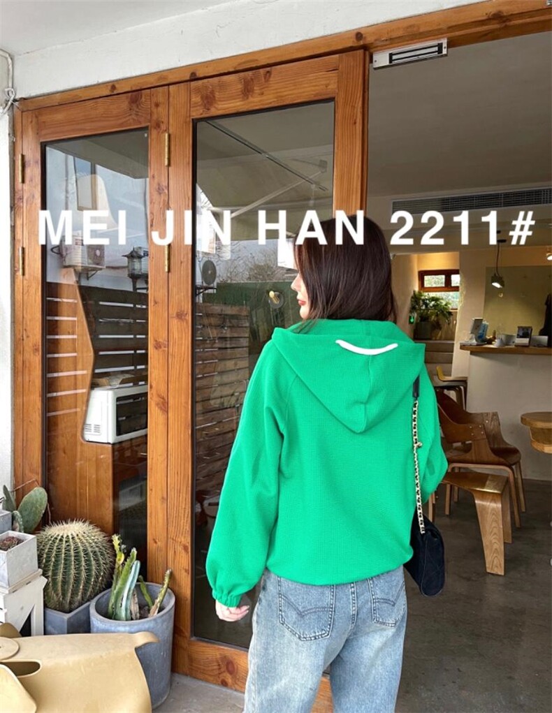 【美巾涵】春季新款外套华夫格连帽卫衣短款外套，女装卫衣/绒衫，美巾涵