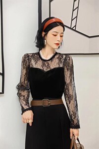 【现货】【】秋季新款时尚百搭金丝绒拼蕾丝打底衫图片