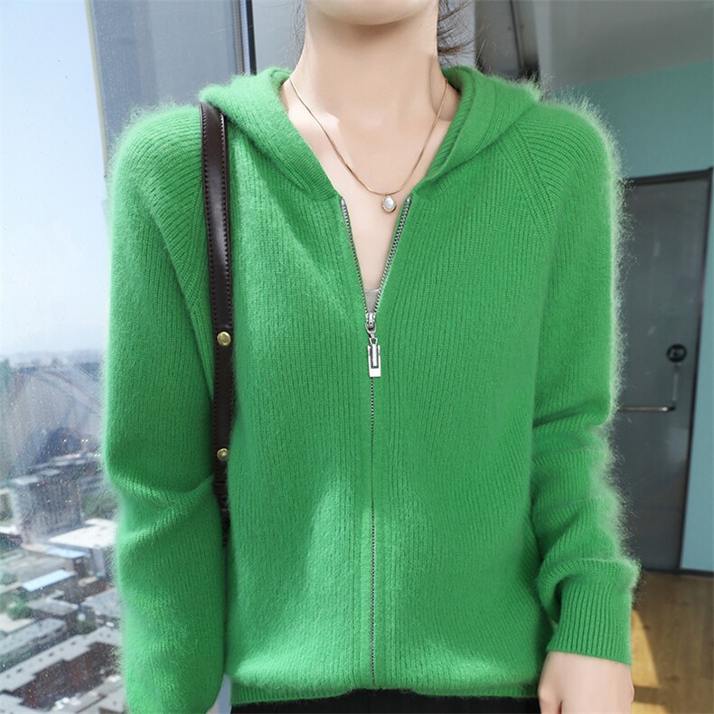 空气层~休闲加厚山羊绒开衫连帽毛衣外套拉链女秋冬款针织羊毛衫，女装针织衫/毛衣，冬贝尔貂绒