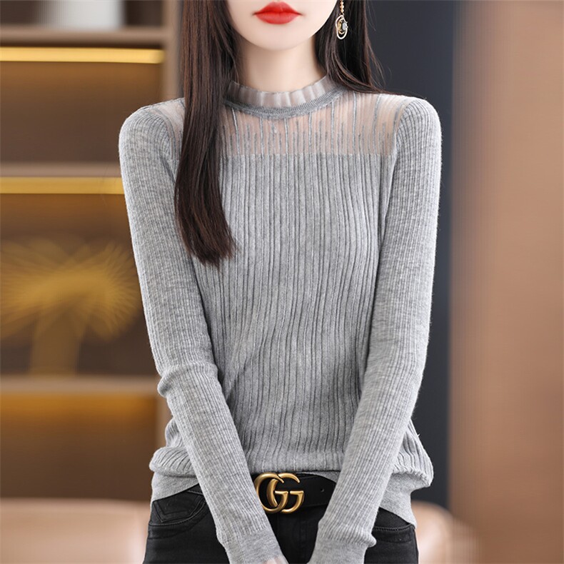 正品简织禾100纯羊绒衫女新款蕾丝拼接时尚长袖羊毛针织打底衫薄,针织衫/毛衣,暖烁羊绒