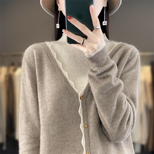 23秋冬新款100开衫女V领拼色花边宽松外套毛衣羊毛针织上衣图片