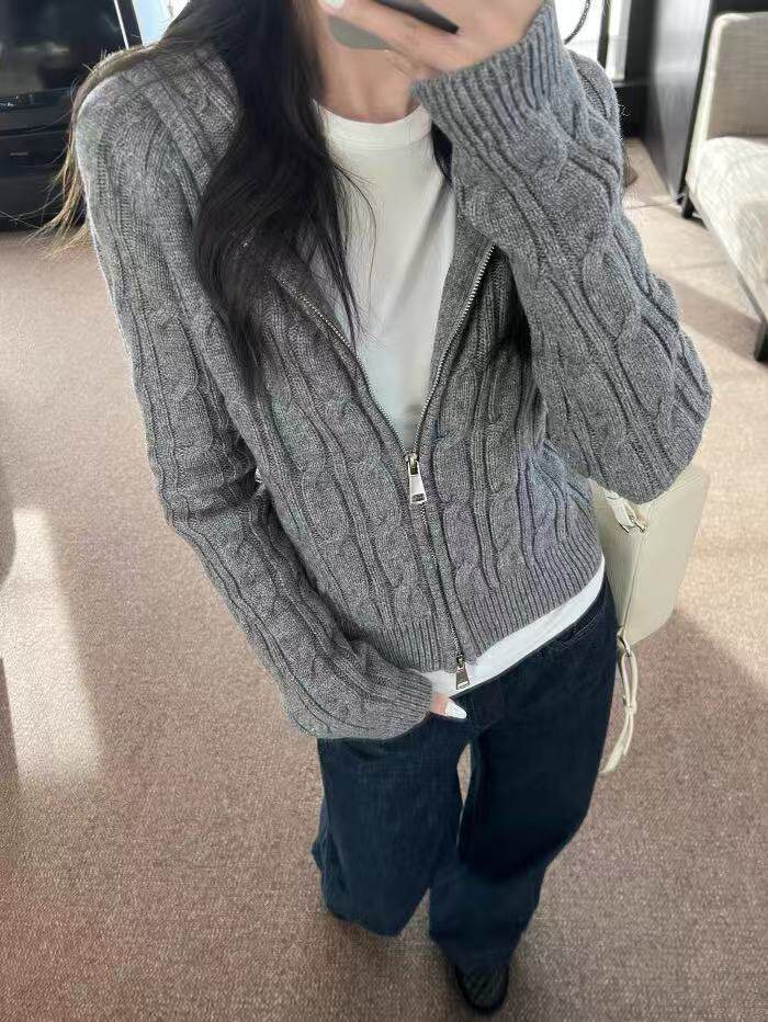 2025年秋季针织常规款甜美单件长袖拉链开衫，女装针织衫/毛衣，半城羊绒