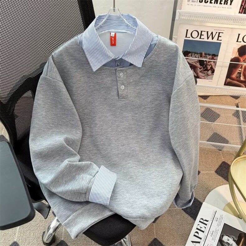 格子撞色假两件设计伯爵先生男装25春新款韩版宽松衬衫领套对卫衣,男装衬衫,四季星座505