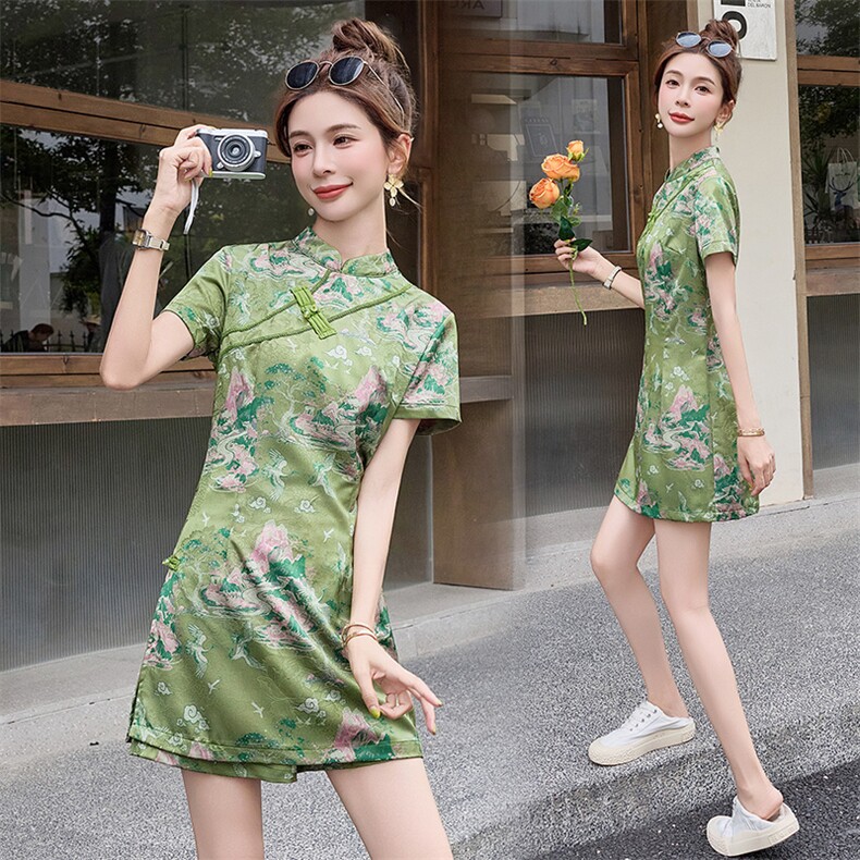 高考绿色旗袍旗开得胜中考送考女改良版套装年轻家长妈妈陪考衣服,女装套装/套裙,众宇琦
