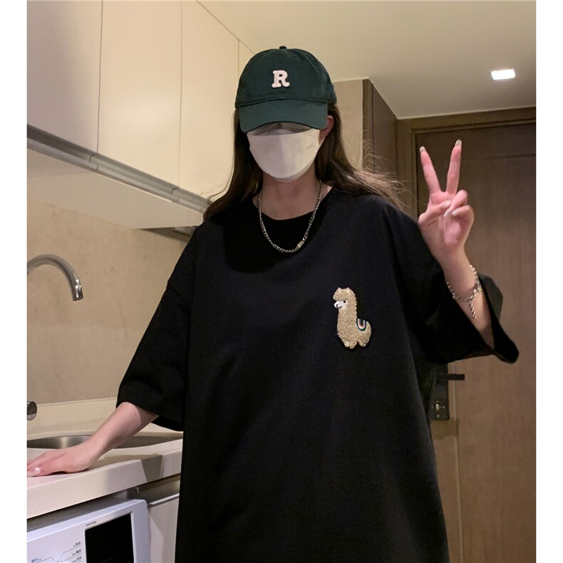 中性夏季毛巾绣羊驼卡通圆领宽松半袖T恤女短袖潮D289P25控39,男装T恤,电商A335-1（原A458）