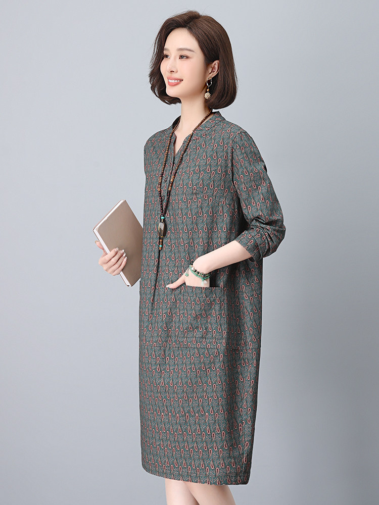 小个子棉麻直筒连衣裙春装大码妈妈中老年裙子宽松遮肚子气质短裙,女装连衣裙,依恋蒂丝