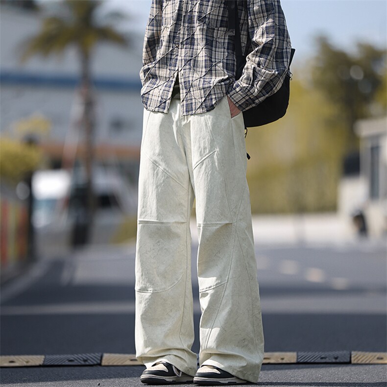 秋季新款大理石纹褶皱休闲大码微喇伞兵工装裤男K24001-特P42控79,男装工装外套,电商A001