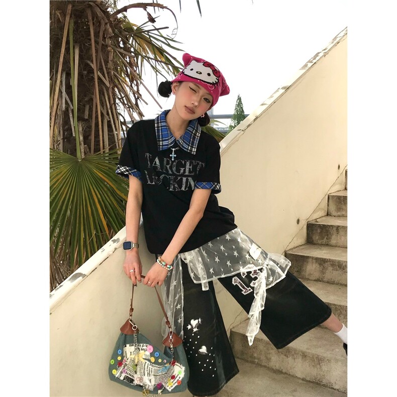 日系设计拼接格子polo领口假两件男女美式印花潮牌T恤,男装T恤,星座1210-1