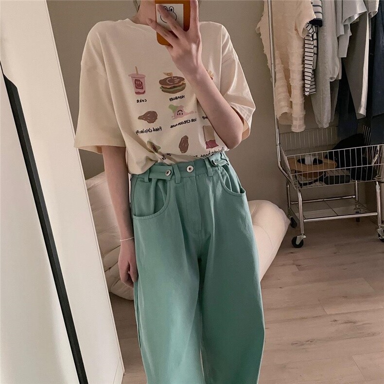 夏季新款现货，可调节韩色彩牛仔裤，女装牛仔裤，单井 Single Well