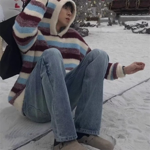 美式复古小众条纹连帽毛衣男女春秋季慵懒风撞色高级感情侣针织衫