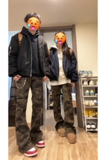 网图秋季美式复古迷彩微喇工装裤男vibe高街裤子-A2156TP45无差价，男装牛仔裤，电商B241