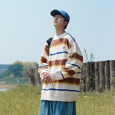 日系圆领套头条纹复古小熊刺绣上衣宽松休闲针织毛衣M874-P41，男装卫衣，星座512-2