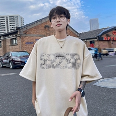 藏青色麂皮绒t恤男夏季美式高街青少年短袖潮牌痞帅炸街半袖体恤，男装T恤，电商B371
