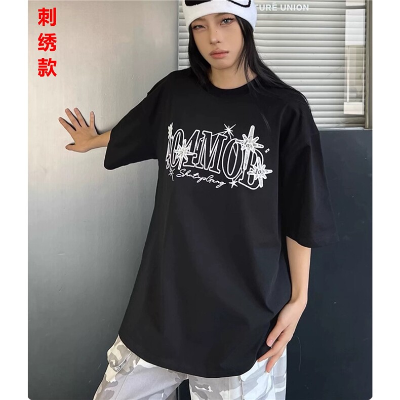 蕾丝刺绣短袖T恤男女美式潮牌凉感防晒upf50+体恤圆领上衣t，男装防晒衣，星座506A