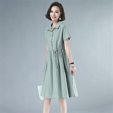 2021年夏季排扣中长款POLO领短袖纯色妈妈连衣裙棉麻韩版裙子，女装连衣裙，伊满意