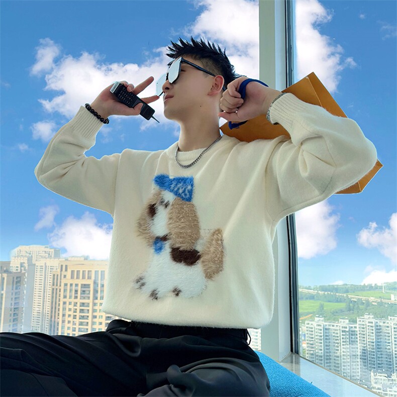 AM300/P85控115秋冬季社会小伙保暖阔版提花毛绒小狗毛衣男黑首,男装针织衫/毛衣,星座305B-1