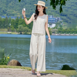 2026夏新款亚麻蕾丝花边拼接马甲阔腿裤套装图片