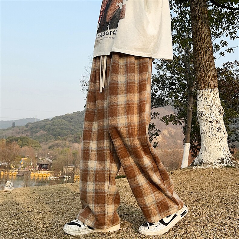美拉德毛呢格子裤美式直筒休闲裤宽松加绒阔腿裤加绒,男装卫衣,星座410-6（原星座1304-1）