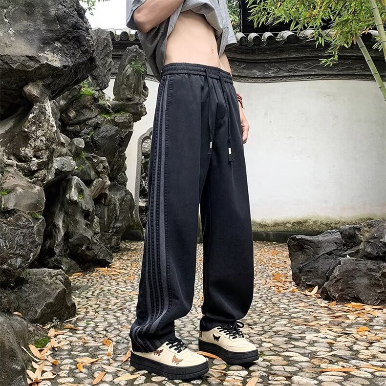 夏季侧边条纹小众设计感军绿色工装裤美式复古直筒裤男D4488-p40,男装工装外套,星座1008