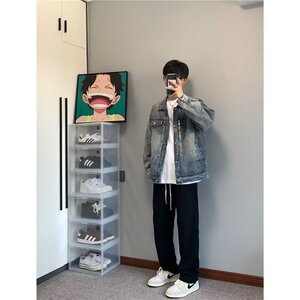 N1220-P65秋冬垫肩牛仔外套男网红潮牌水洗复古拉链