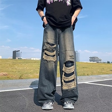 1506-1/K6221/P49破洞牛仔裤男女中性修身小直筒牛仔长裤拖地裤，男装牛仔裤，星座1506-1