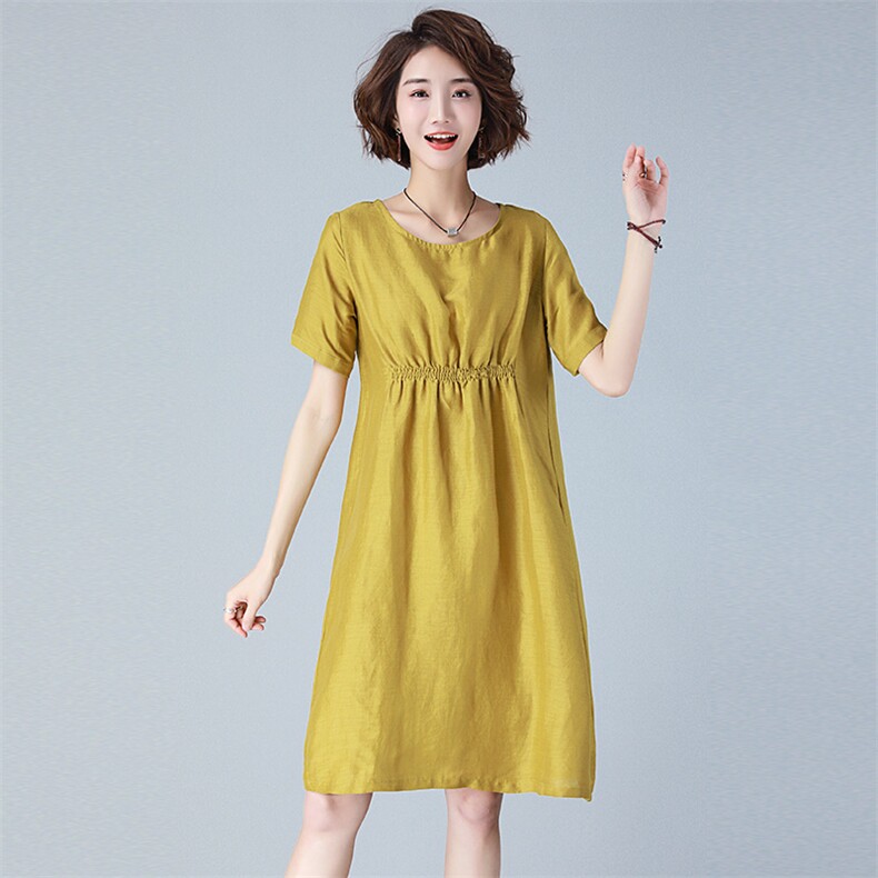 2021年夏季圆领纯色高腰时尚舒适短袖简约百搭个性中长款,女装连衣裙,小林双子