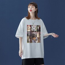 中性夏季新款潮流街头猫咪印花情侣宽松落肩短袖T恤T31P25控35，男装T恤，A247A