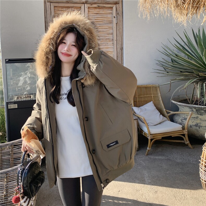 韩版大毛领连帽工装白鸭绒羽绒派克服女冬新款小个子休闲加厚外套,女装羽绒服,2C218