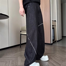 小众设计弧线刺绣弯刀牛仔裤男女阔腿复古微喇显瘦拖地裤子，男装牛仔裤，星座302B-2
