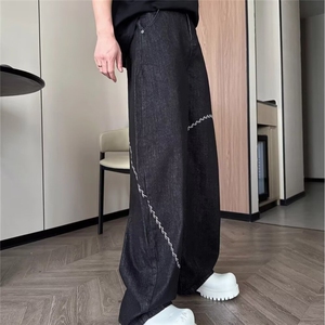 小众设计弧线刺绣弯刀牛仔裤男女阔腿复古微喇显瘦拖地裤子图片