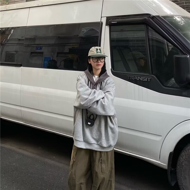 W582-48 2025秋男女同款长袖潮流ins日系气质原宿简约连帽卫衣图片