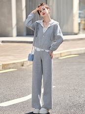 蕾丝连帽休闲运动套装女春秋2024新款小个子穿搭卫衣阔腿裤两件套，女装套装/套裙，梦依杭