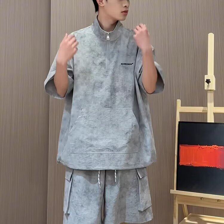 新款夏季薄款透气宽松运动套装扎染短袖工装短裤套装情侣装潮流男图片