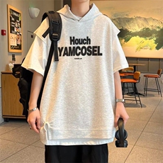 2025新款短袖男夏季美式潮牌ins潮流连帽半袖叠穿开衩重磅t恤男女，男装T恤，星座601-1