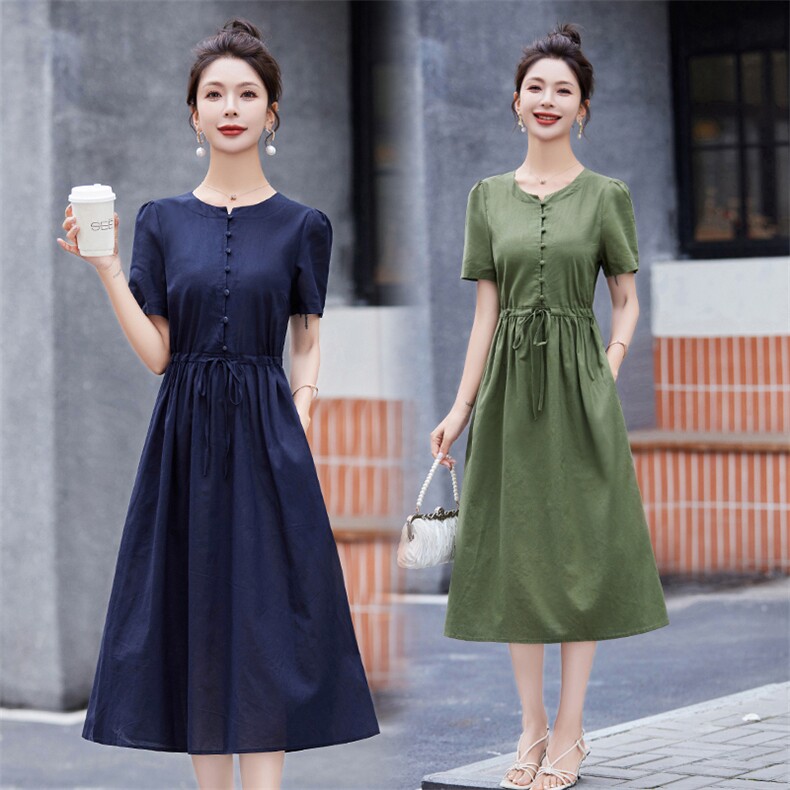 休闲纯色棉麻短袖连衣裙女2024夏季新款收腰显瘦洋气减龄亚麻裙子，女装连衣裙，鑫思依格
